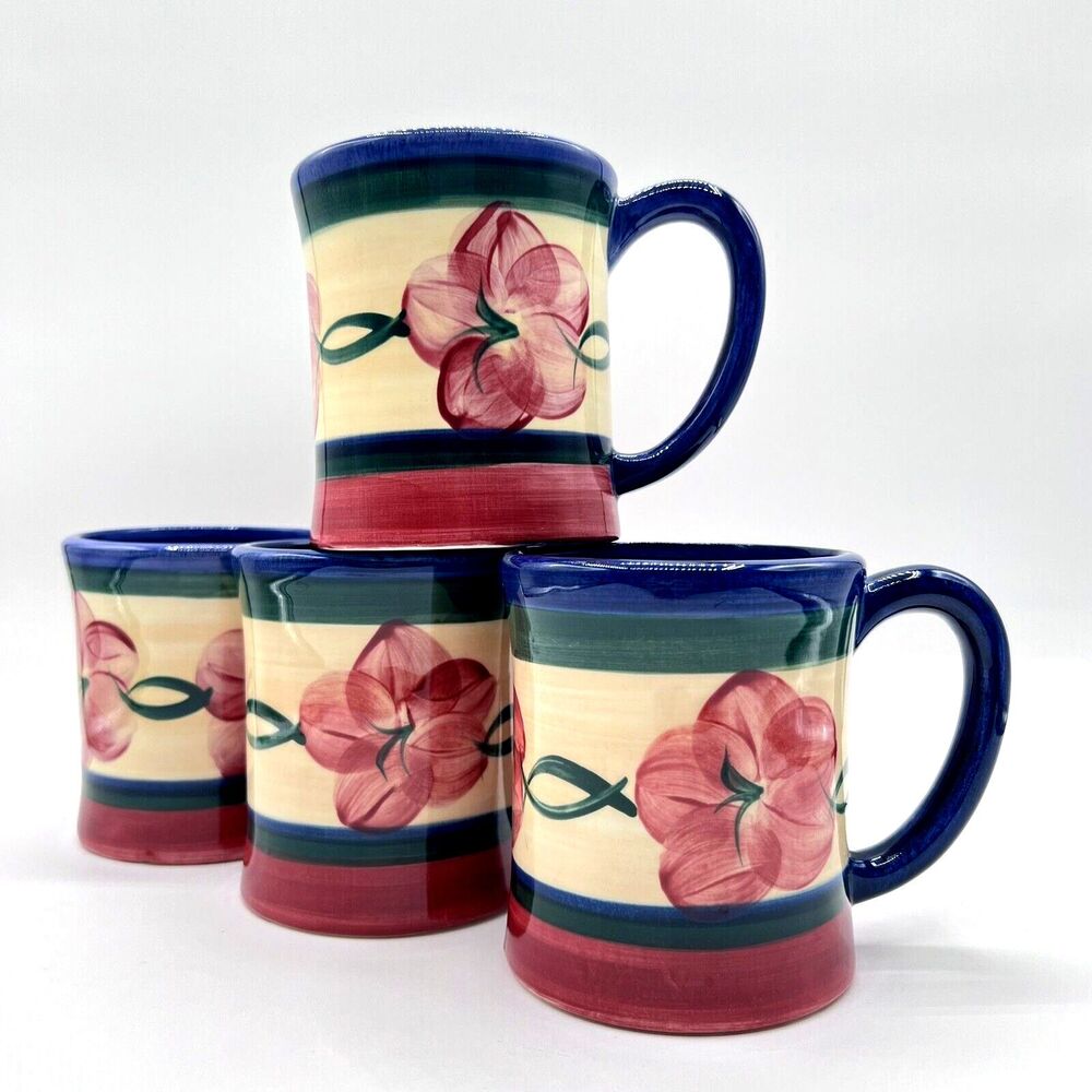 Pottery Mugs Vintage L. Pierce Floral in Navy & Wine Signed Dated '97 Set/4